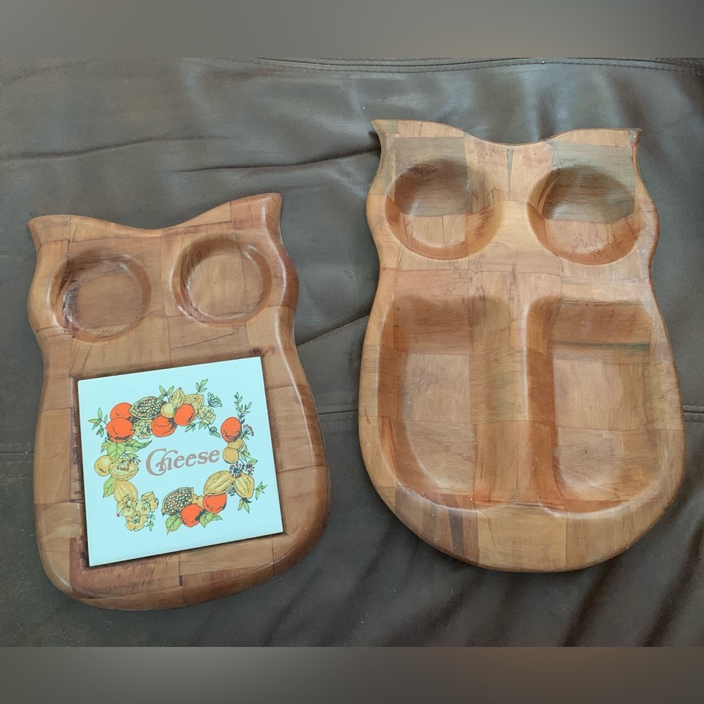 MCM Owl charcuterie serving dishes woven wood pattern 70’s core